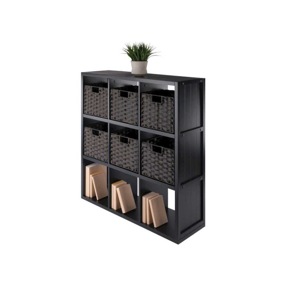 7-Pc 3x3 Storage Shelf with 6 Foldable Woven Baskets, Black and Chocolate. Picture 3