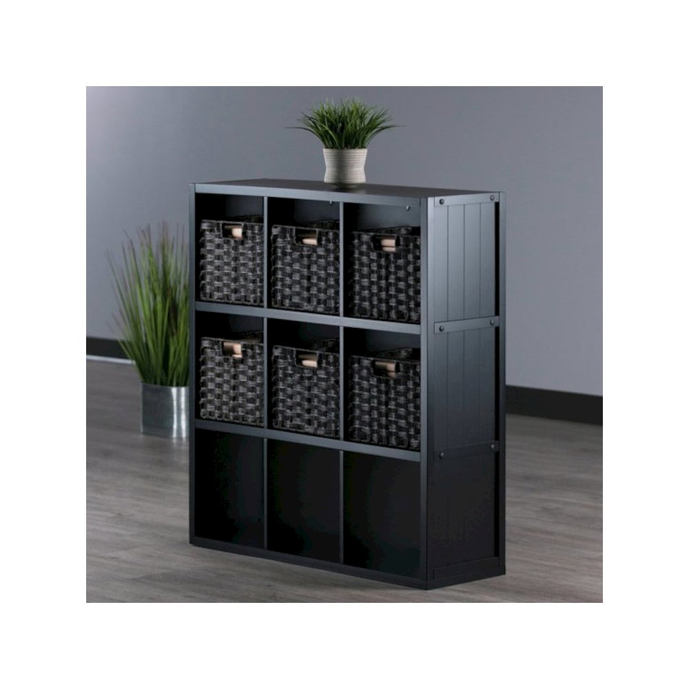 7-Pc 3x3 Storage Shelf with 6 Foldable Woven Baskets, Black and Chocolate. Picture 5