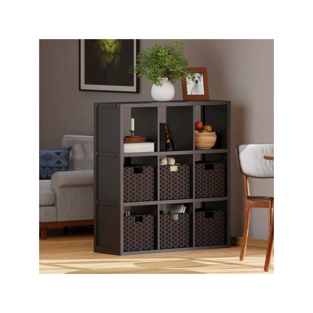 7-Pc 3x3 Storage Shelf with 6 Foldable Woven Baskets, Black and Chocolate. Picture 4