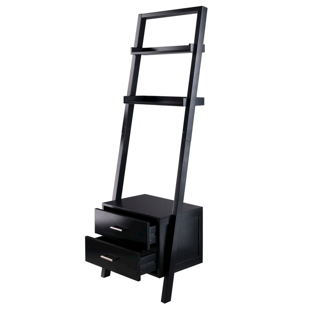 Black Leaning Shelf, Ladder Design, Storage Rack, Two Drawers. Picture 1