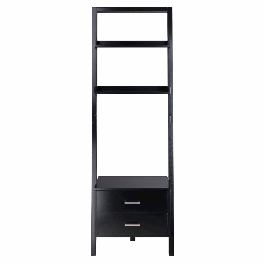 Black Leaning Shelf, Ladder Design, Storage Rack, Two Drawers. Picture 5