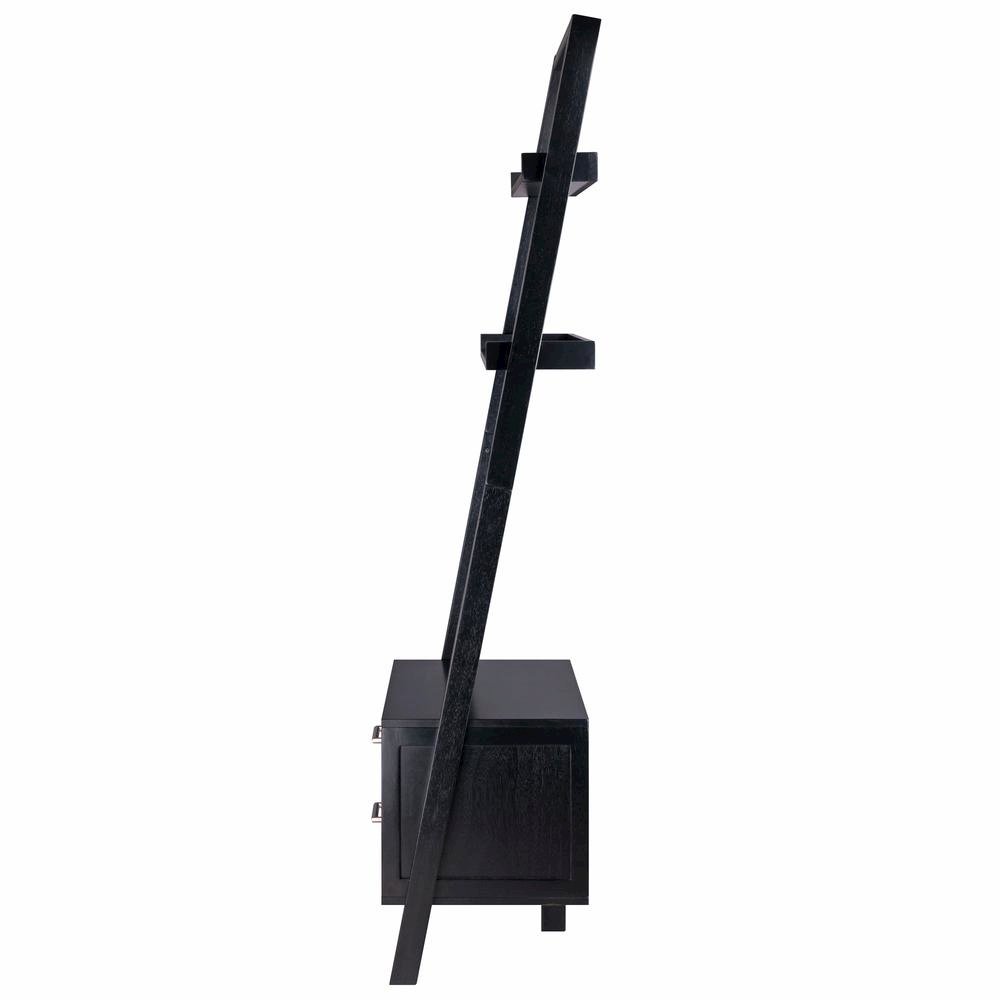 Black Leaning Shelf, Ladder Design, Storage Rack, Two Drawers. Picture 6