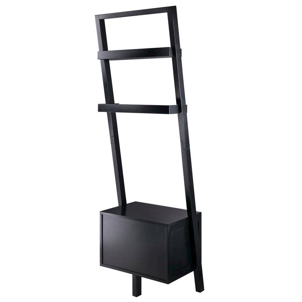 Black Leaning Shelf, Ladder Design, Storage Rack, Two Drawers. Picture 7