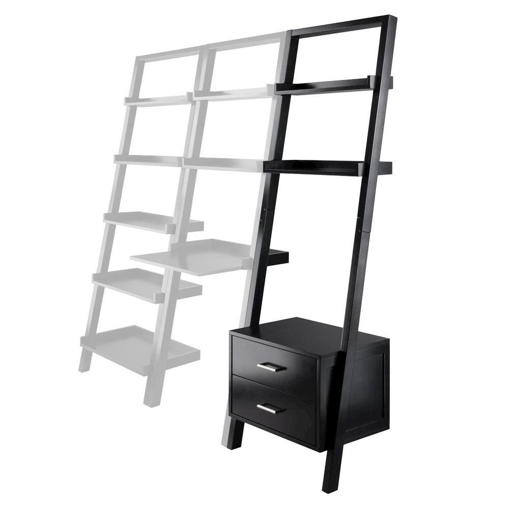 Black Leaning Shelf, Ladder Design, Storage Rack, Two Drawers. Picture 4