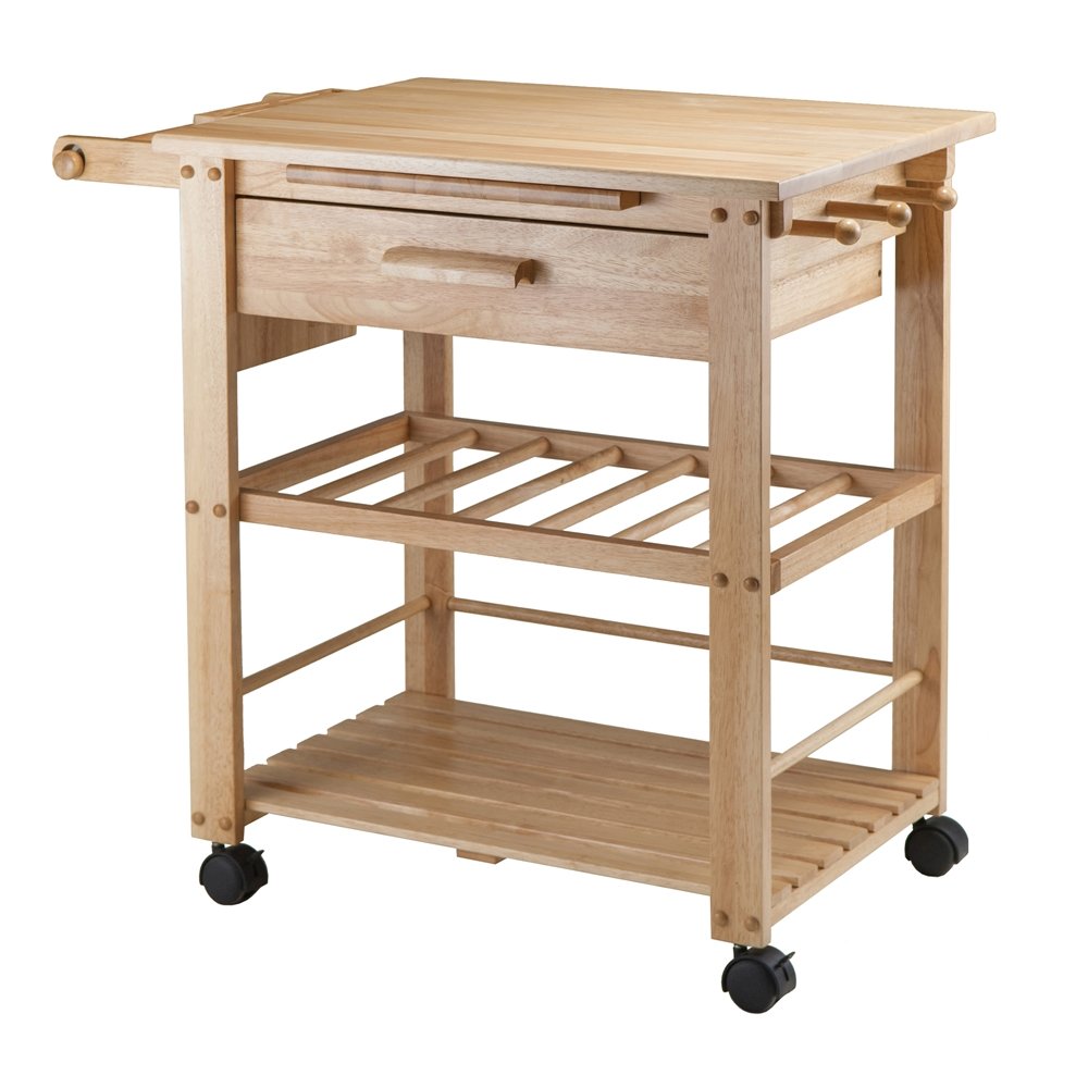 Solid Wood Mobile Utility Cart, Kitchen Storage Wine Rack, Brown. Picture 4