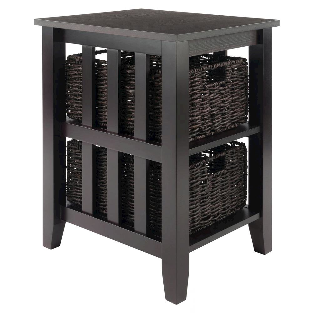 Wood Side Table with Foldable Baskets, Storage Shelf, Espresso. Picture 1