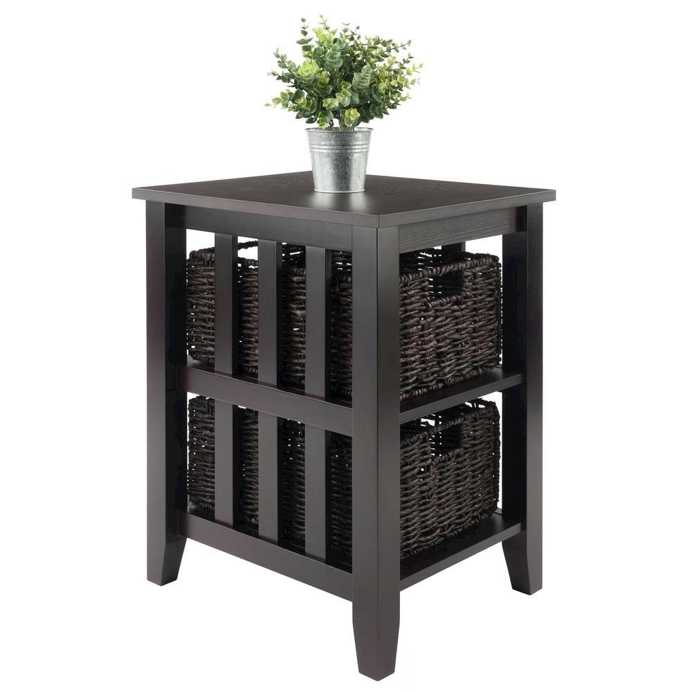 Wood Side Table with Foldable Baskets, Storage Shelf, Espresso. Picture 5