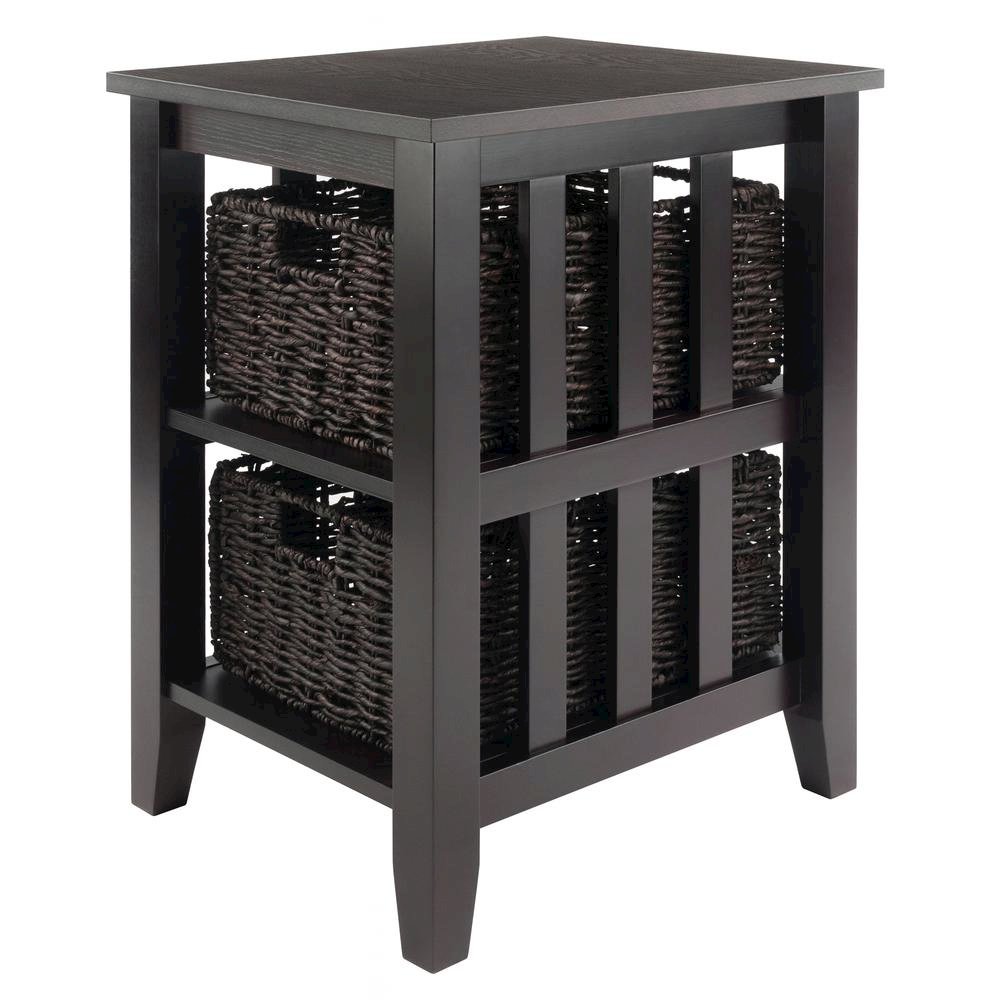 Wood Side Table with Foldable Baskets, Storage Shelf, Espresso. Picture 6