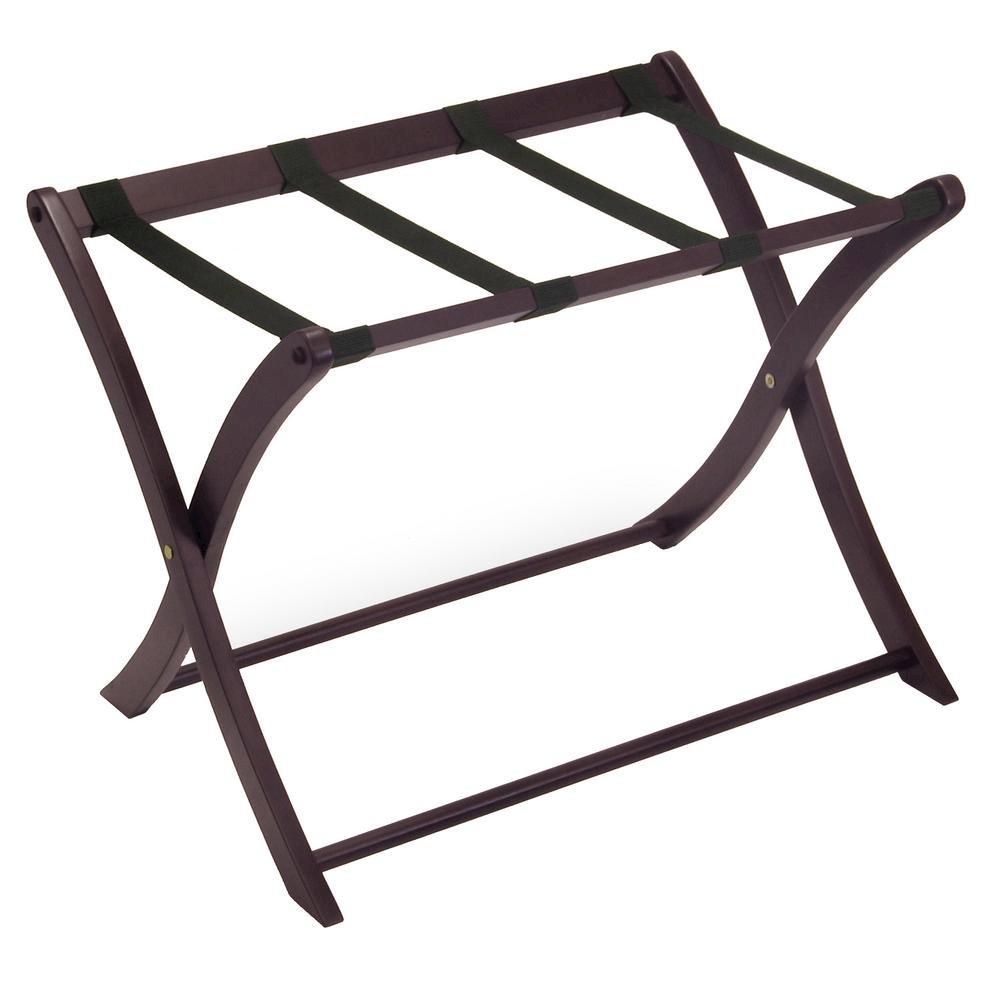 Dark Espresso Solid Wood Folding Luggage Rack for Suitcases with Sturdy Straps. Picture 1