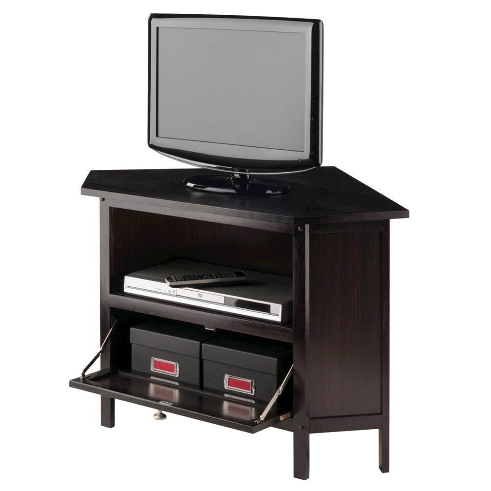Solid Wood Corner TV Stand With Storage Flip Down Door And Open Shelf. Picture 5