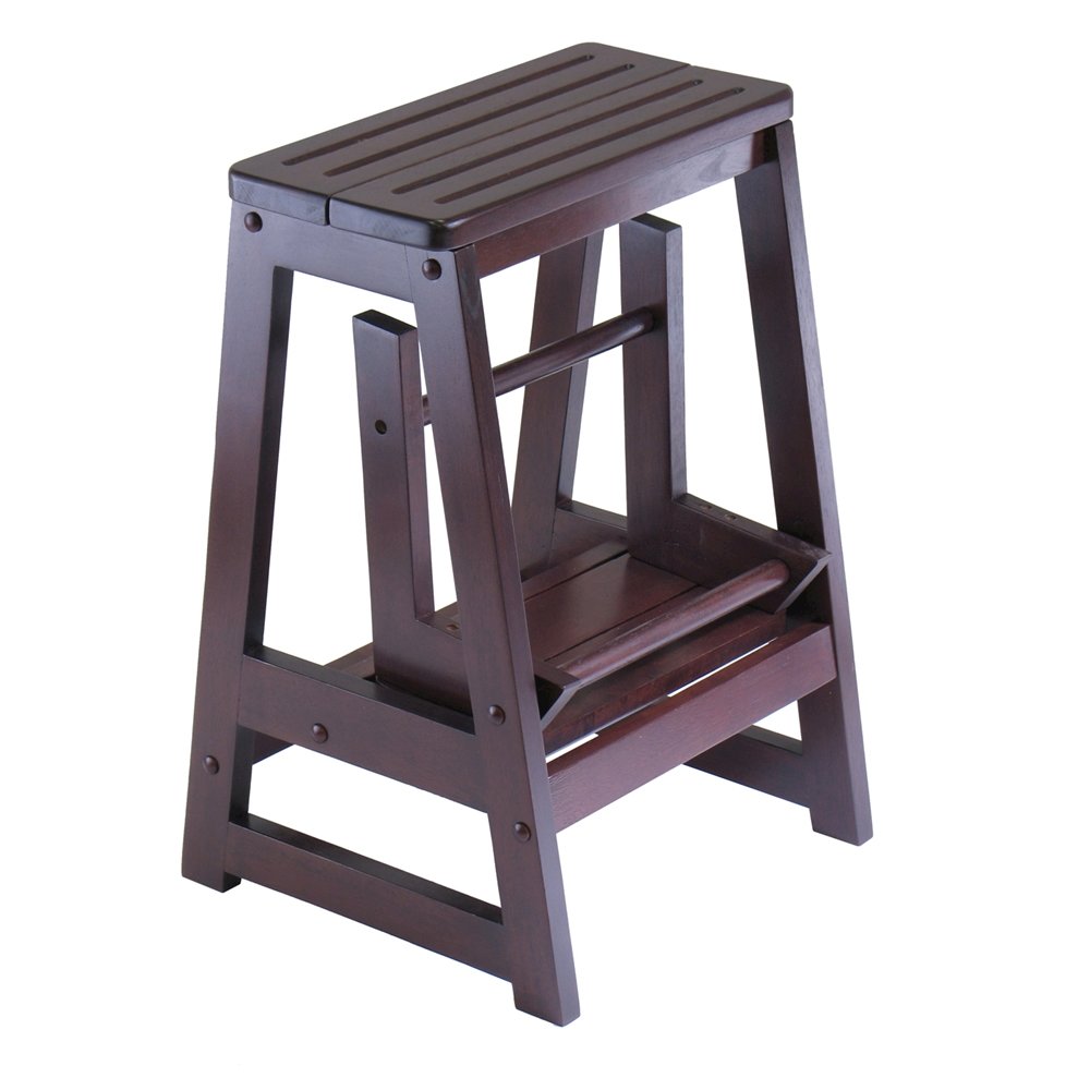 Solid Wood Two-Step Stool, Foldable Lower Step, Sturdy, Brown. Picture 4