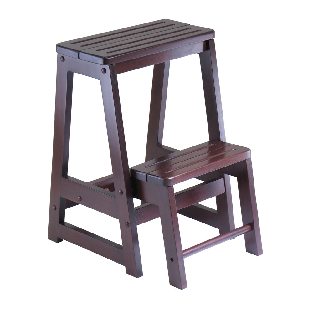 Solid Wood Two-Step Stool, Foldable Lower Step, Sturdy, Brown. Picture 1