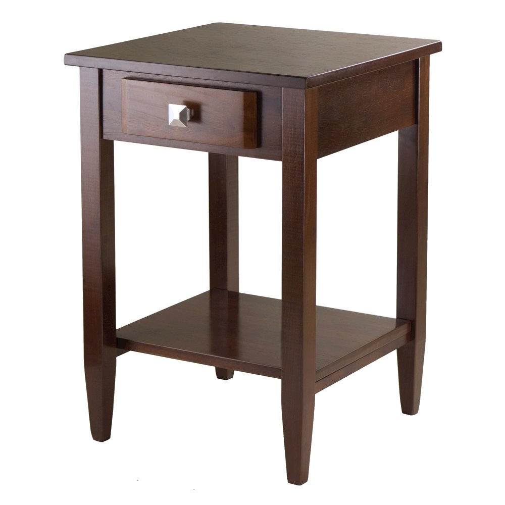 End Table with Drawer, Tapered Legs, Lower Shelf, Walnut. Picture 1