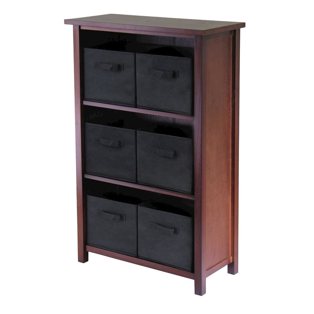 3-Section Storage Shelf with 6 Foldable Baskets, Walnut Finish. Picture 1