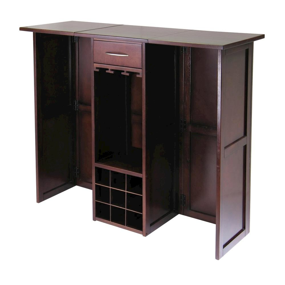 Wine Bar Cabinet, Walnut Finish, Nine Bottle Storage, Glasses Rack, Solid Wood. Picture 1