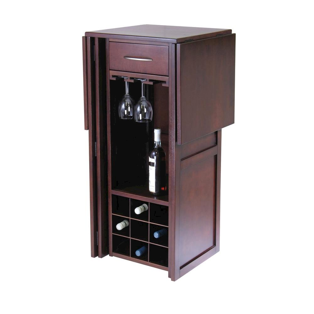 Wine Bar Cabinet, Walnut Finish, Nine Bottle Storage, Glasses Rack, Solid Wood. Picture 4