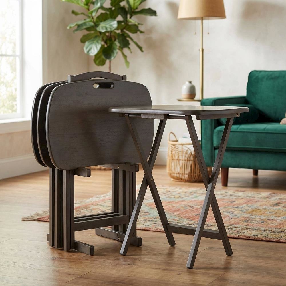 5-PC Folding Tray Table Set, Oyster Gray Solid Wood, Easy Carry. Picture 3
