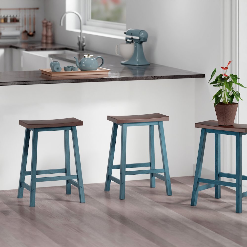Satori Saddle Seat Counter Stool, Rustic Teal and Walnut. Picture 7