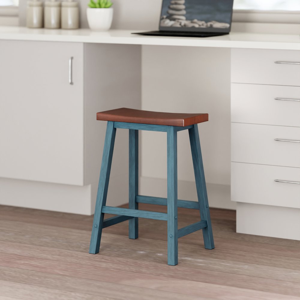 Satori Saddle Seat Counter Stool, Rustic Teal and Walnut. Picture 9