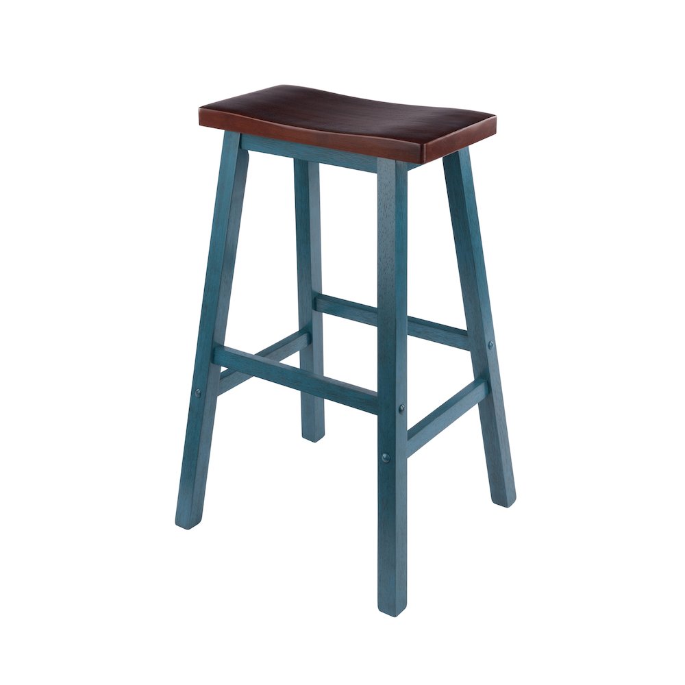 Satori Saddle Seat Bar Stool, Rustic Teal and Walnut. Picture 1