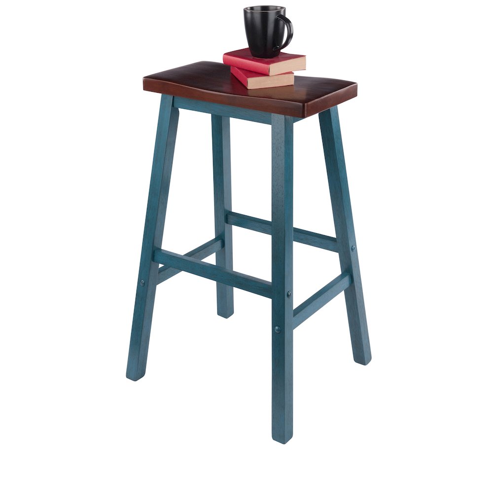 Satori Saddle Seat Bar Stool, Rustic Teal and Walnut. Picture 6