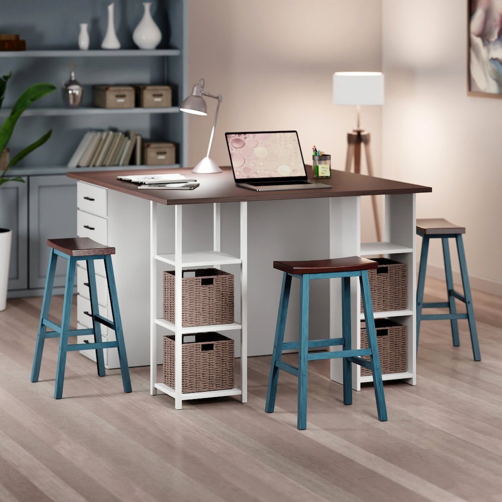 Satori Saddle Seat Bar Stool, Rustic Teal and Walnut. Picture 7