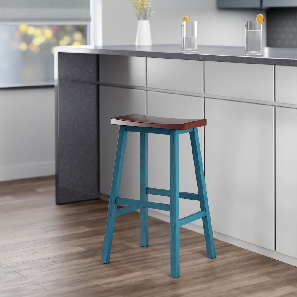 Satori Saddle Seat Bar Stool, Rustic Teal and Walnut. Picture 8