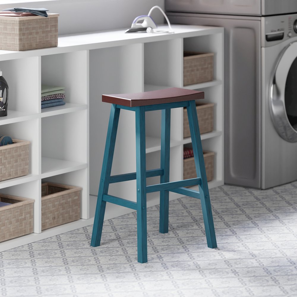Satori Saddle Seat Bar Stool, Rustic Teal and Walnut. Picture 9