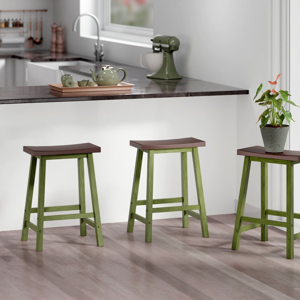 Satori Saddle Seat Counter Stool, Rustic Green and Walnut. Picture 7