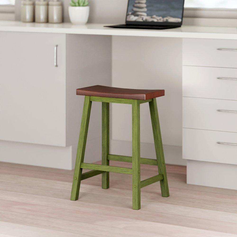Satori Saddle Seat Counter Stool, Rustic Green and Walnut. Picture 9