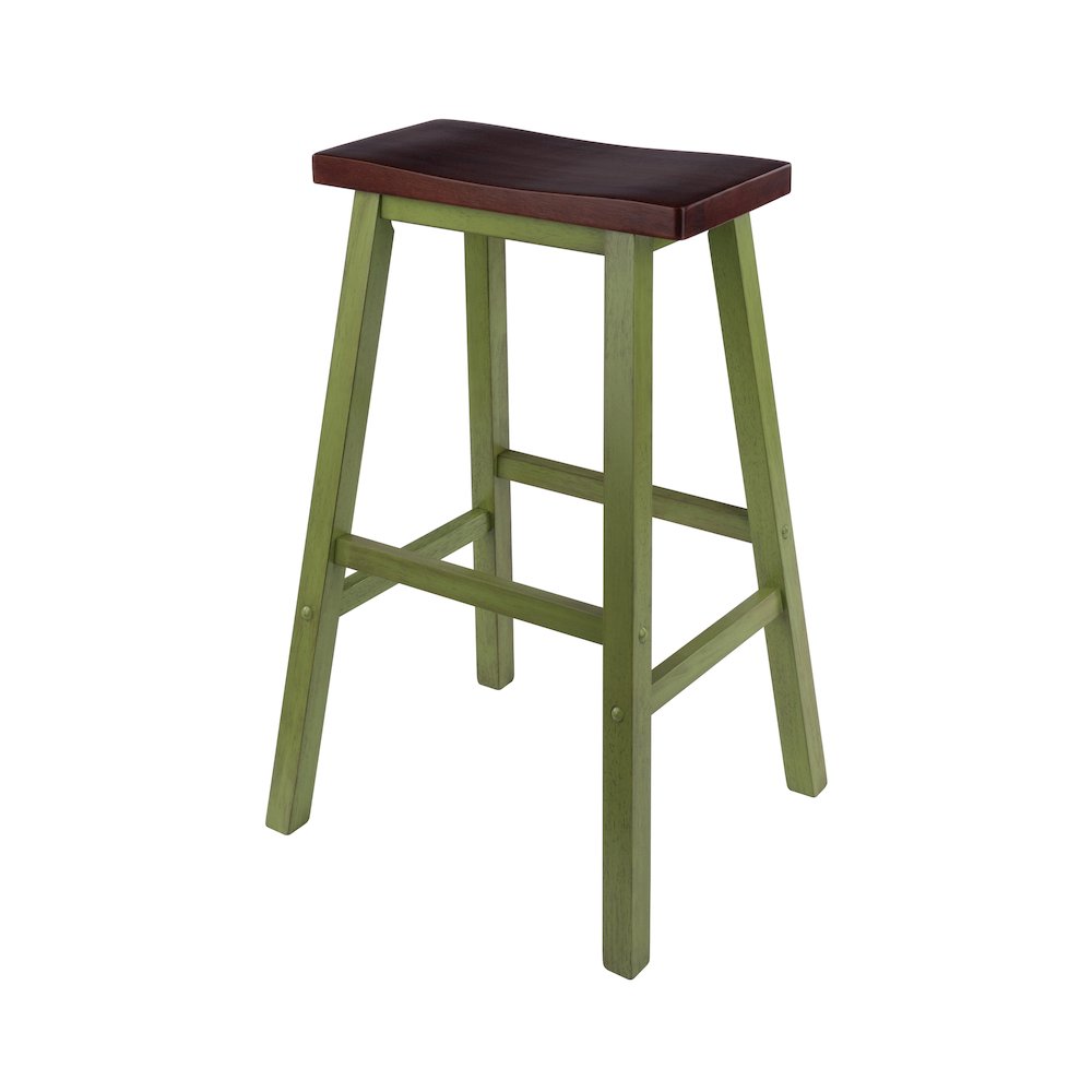 Satori Saddle Seat Bar Stool, Rustic Green and Walnut. Picture 1