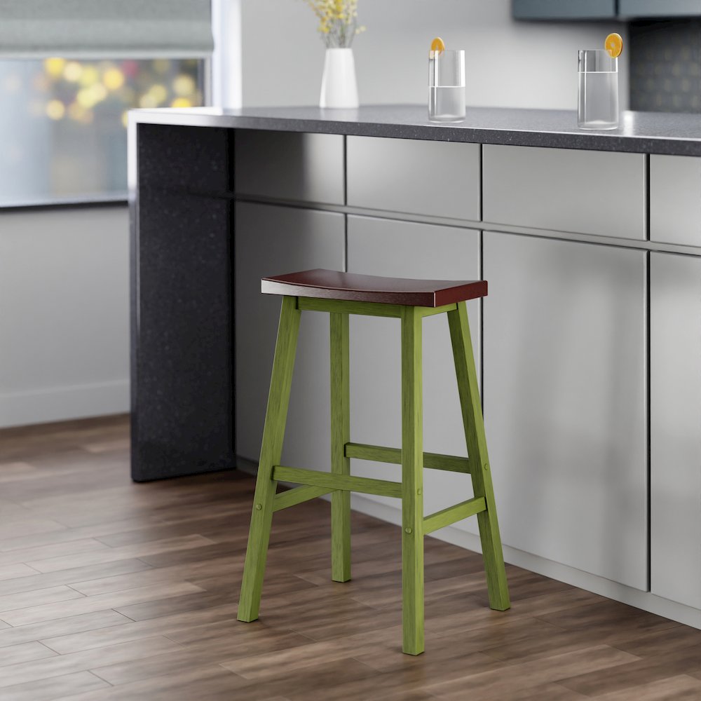 Satori Saddle Seat Bar Stool, Rustic Green and Walnut. Picture 8