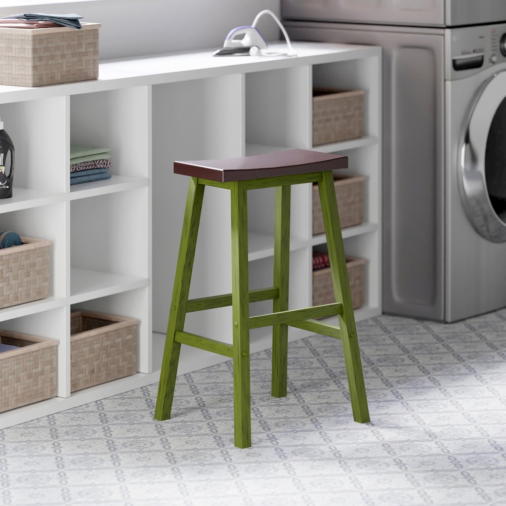 Satori Saddle Seat Bar Stool, Rustic Green and Walnut. Picture 9