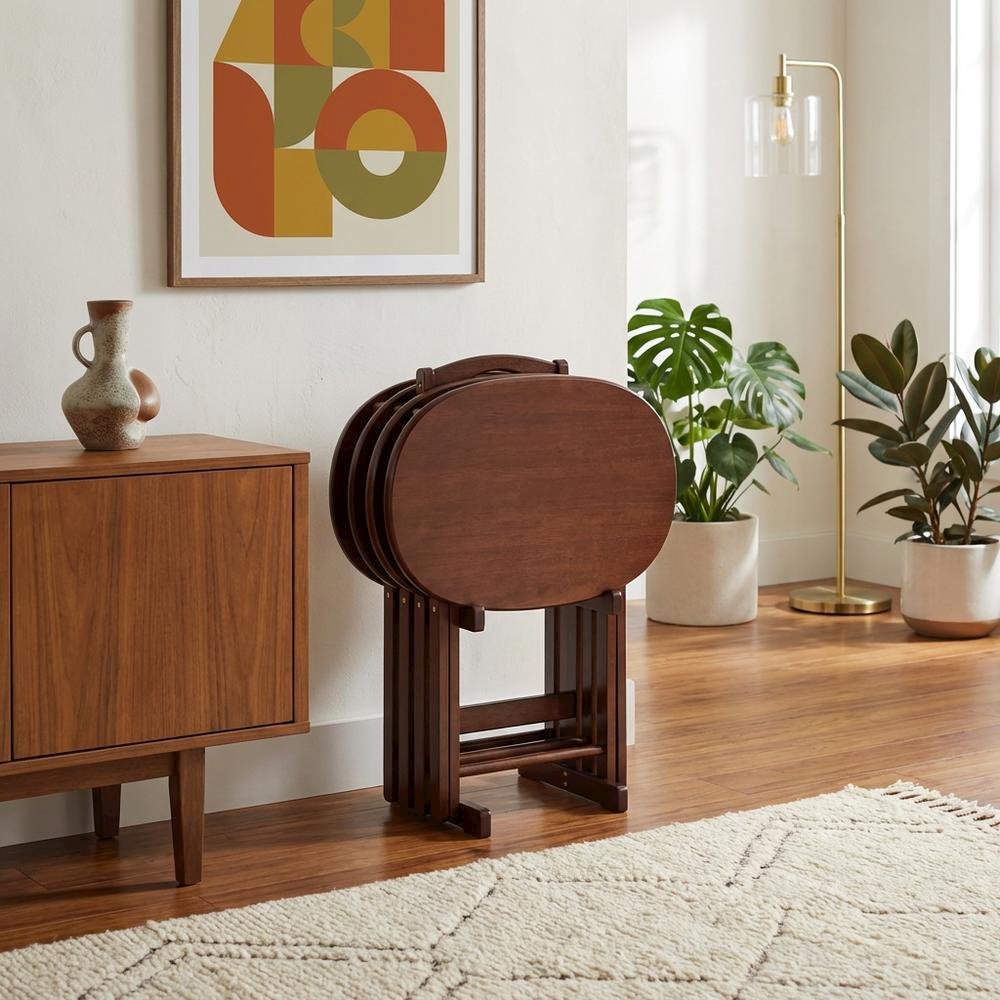 Solid Wood Brown 5 Piece TV Trays Set With 4 Folding Tables And Stand. Picture 2