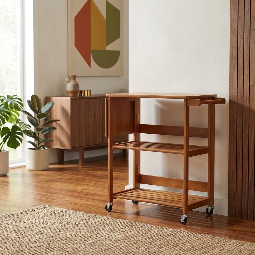 Foldable Kitchen Cart, Brown Solid Wood, Open Utility Cart. Picture 2
