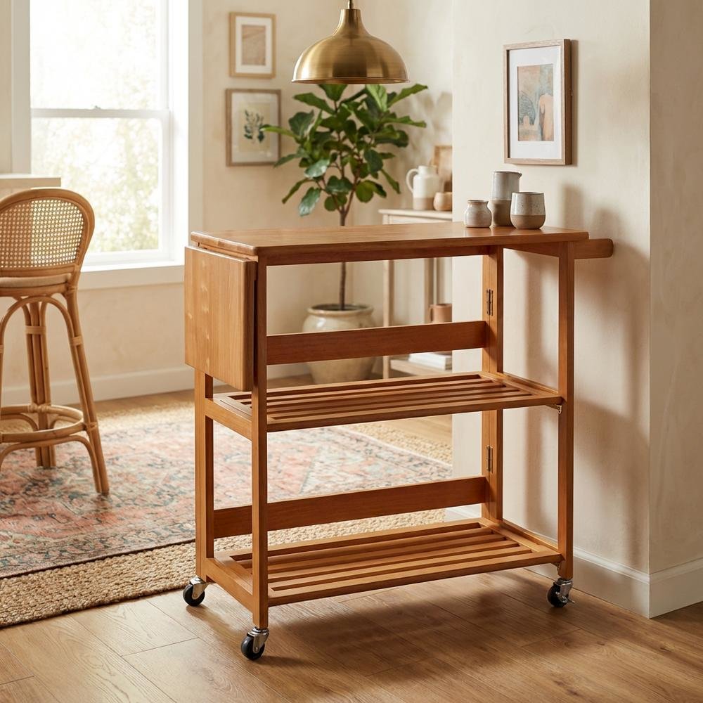 Foldable Kitchen Cart, Brown Solid Wood, Open Utility Cart. Picture 3