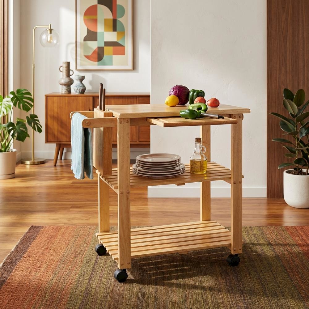 Solid Wood Kitchen Cart With Storage, Pull Out Cutting Board, Knife Block. Picture 2