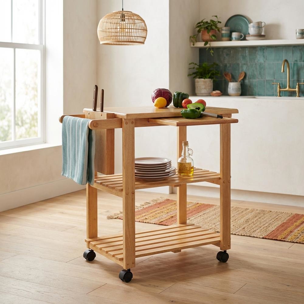 Solid Wood Kitchen Cart With Storage, Pull Out Cutting Board, Knife Block. Picture 3
