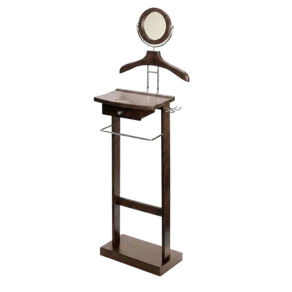 Dark Espresso Solid Wood Clothes Valet Stand with Mirror, Drawer, and Tray. Picture 1