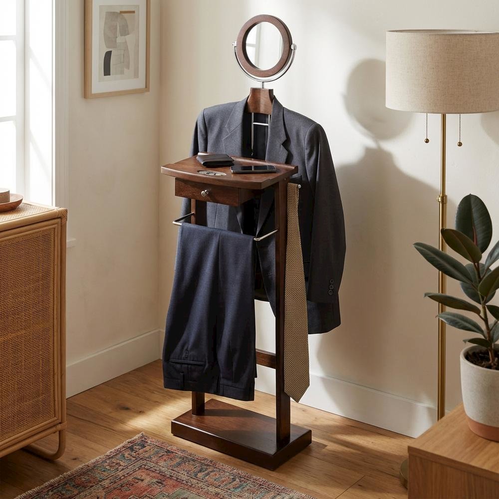 Dark Espresso Solid Wood Clothes Valet Stand with Mirror, Drawer, and Tray. Picture 3
