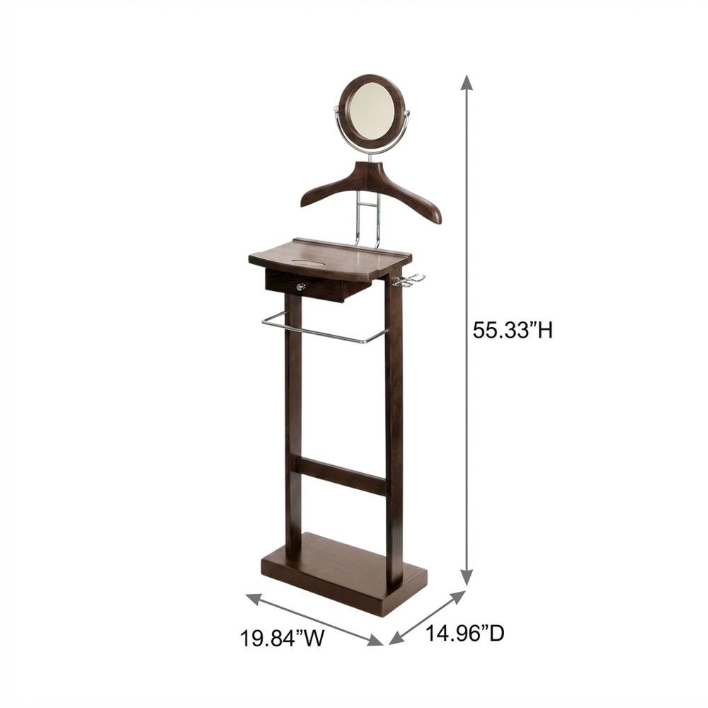 Dark Espresso Solid Wood Clothes Valet Stand with Mirror, Drawer, and Tray. Picture 7