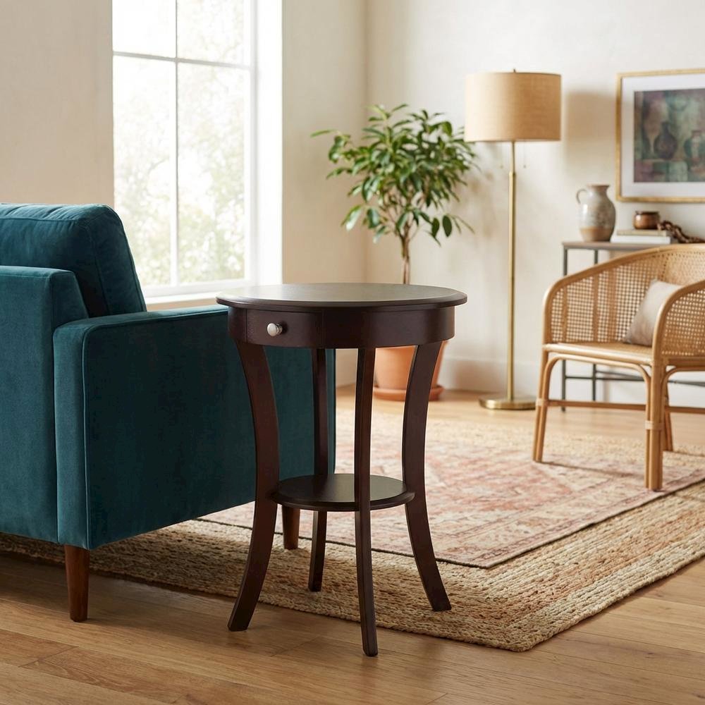 Round Accent Table, Brown, Drawer, Round Shelf, End Table. Picture 3