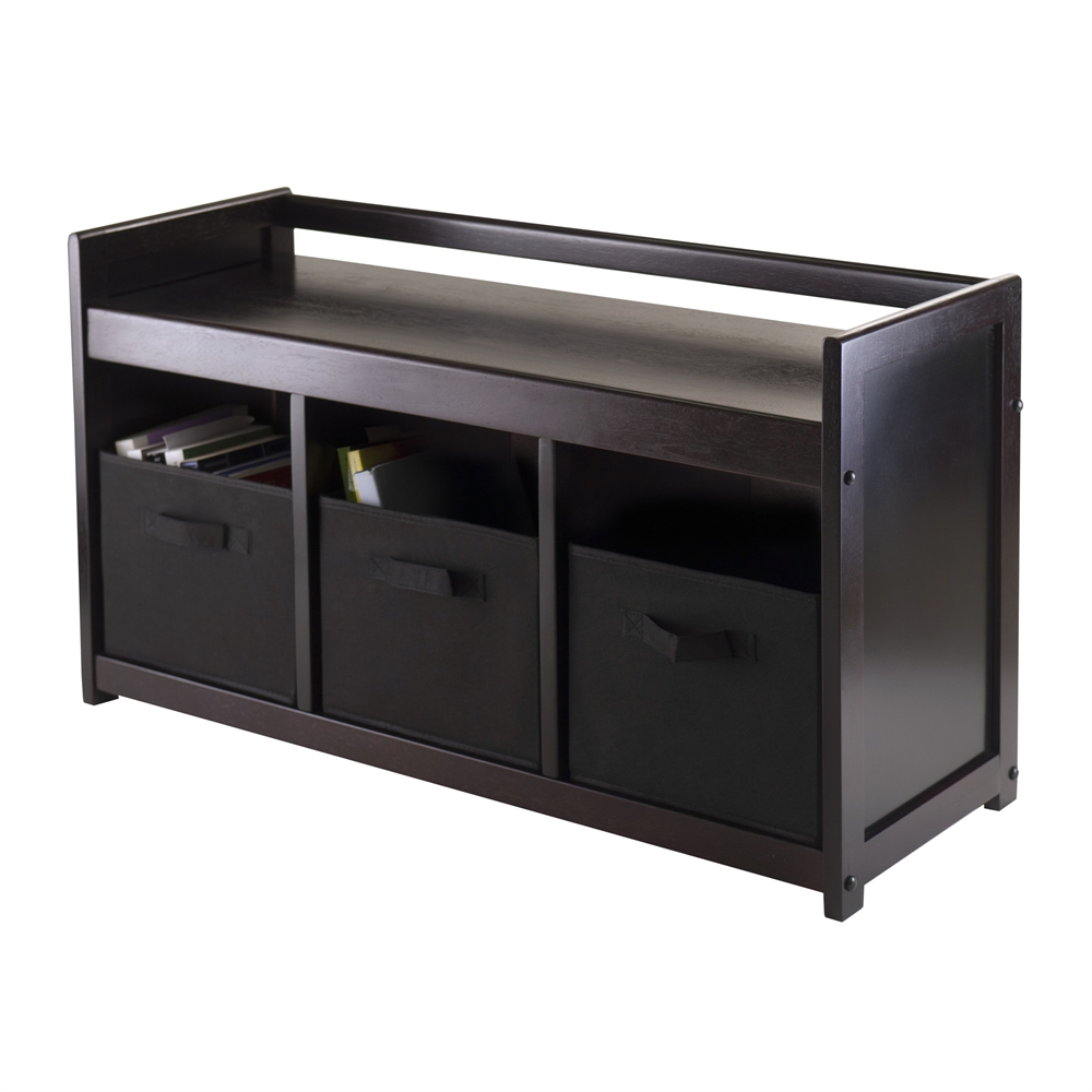 Addison 4pc Storage Bench with 3 Foldable Fabric baskets in Black. Picture 2