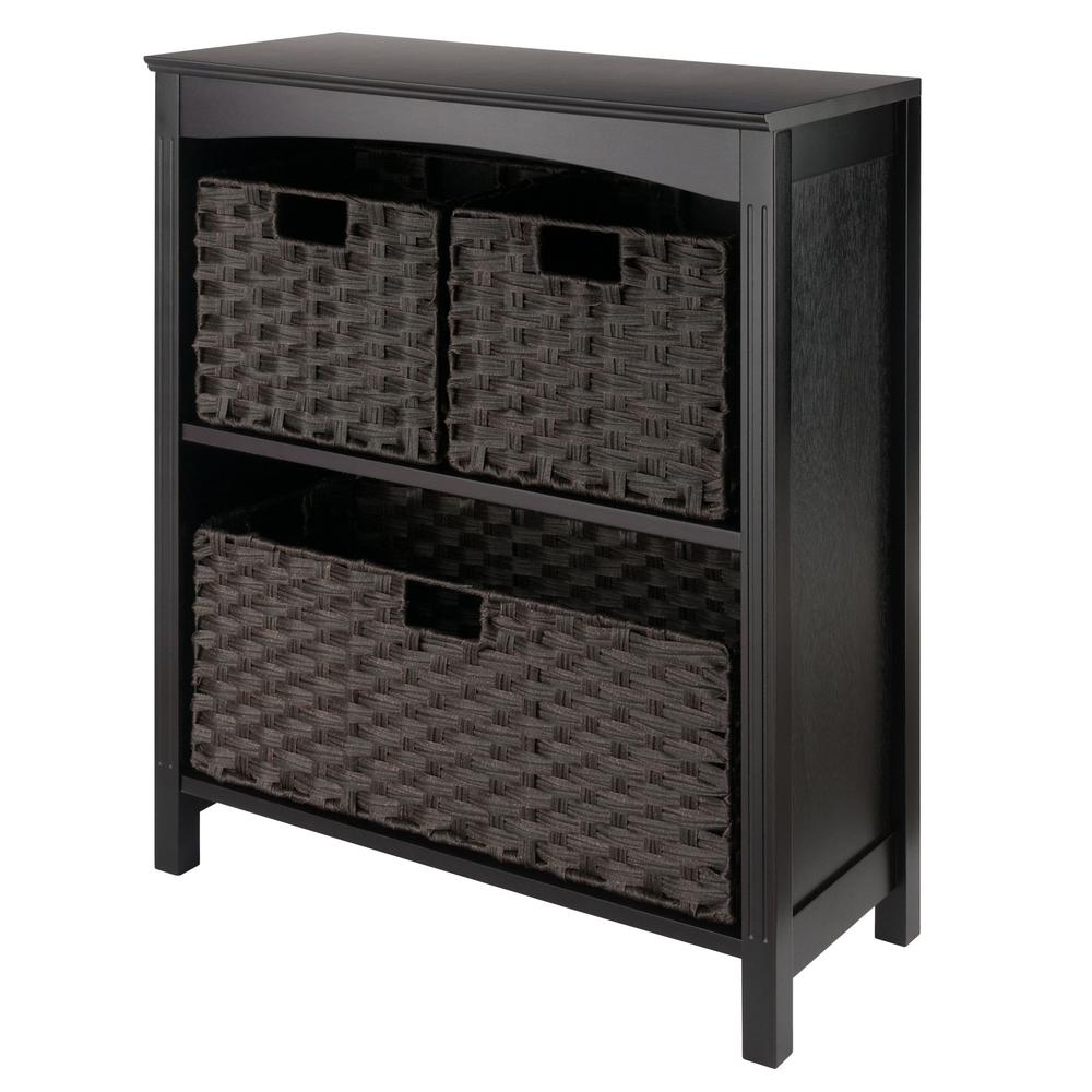 Terrace 4-Pc Storage Shelf with 3 Foldable Woven Baskets, Walnut and Chocolate. Picture 1