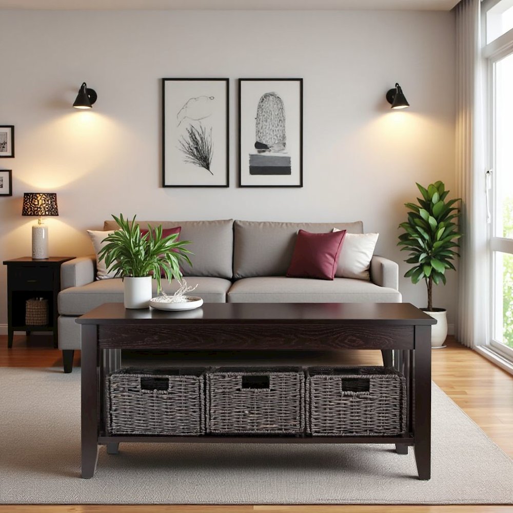 Espresso Coffee Table with Storage Baskets – Elegant Living Room Table. Picture 2