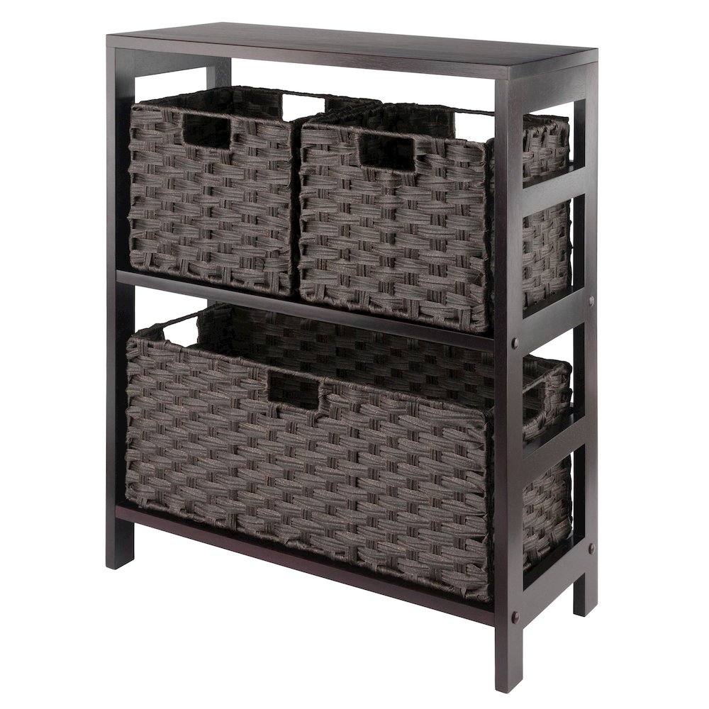 Leo 4-Pc Storage Shelf with 3 Foldable Woven Baskets, Espresso and Chocolate. Picture 1