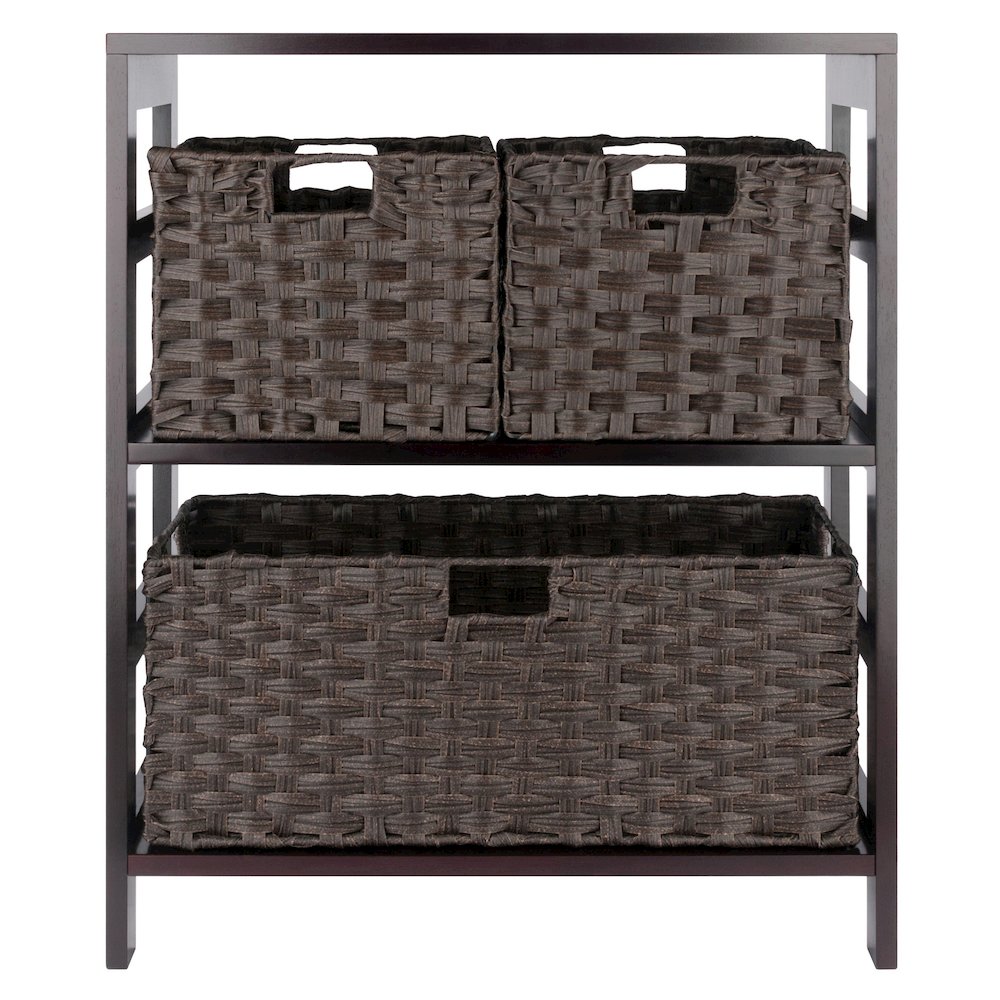 Leo 4-Pc Storage Shelf with 3 Foldable Woven Baskets, Espresso and Chocolate. Picture 2