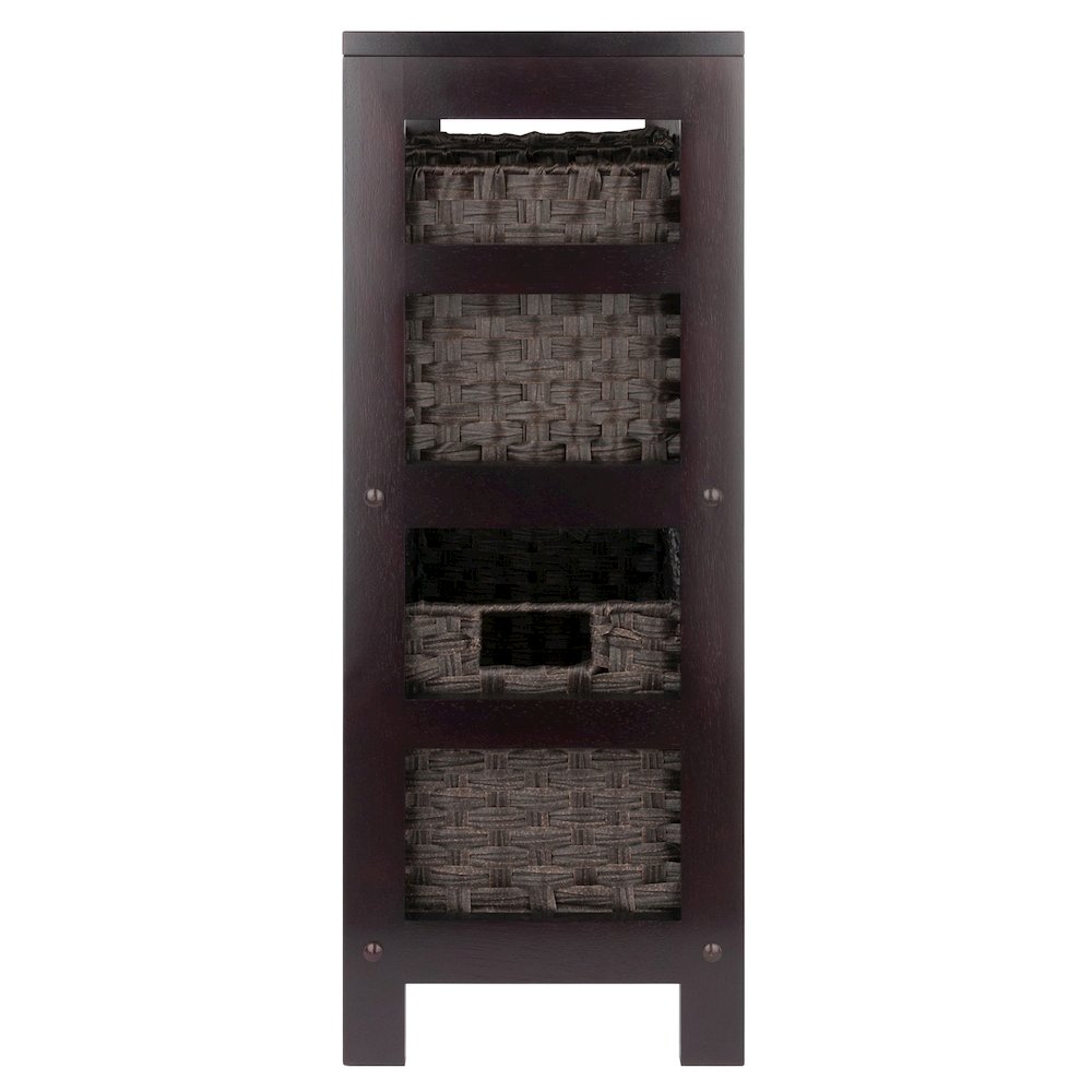 Leo 4-Pc Storage Shelf with 3 Foldable Woven Baskets, Espresso and Chocolate. Picture 3