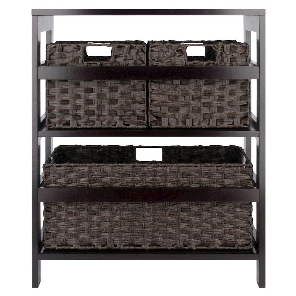Leo 4-Pc Storage Shelf with 3 Foldable Woven Baskets, Espresso and Chocolate. Picture 4