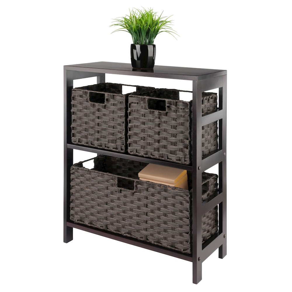 Leo 4-Pc Storage Shelf with 3 Foldable Woven Baskets, Espresso and Chocolate. Picture 5
